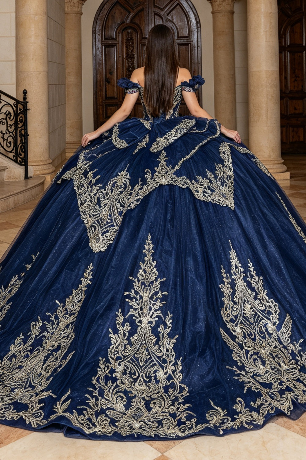 Off Shoulder Sleeveless Beaded Appliques Bow Knot Quinceañera Dress YQ1209