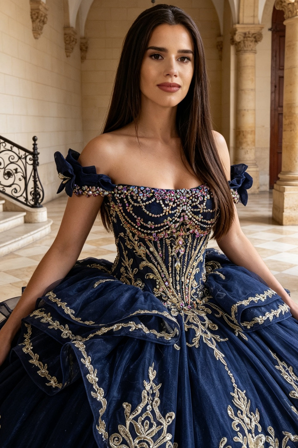 Off Shoulder Sleeveless Beaded Appliques Bow Knot Quinceañera Dress YQ1209