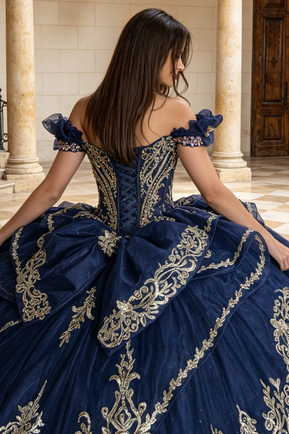 Off Shoulder Sleeveless Beaded Appliques Bow Knot Quinceañera Dress YQ1209