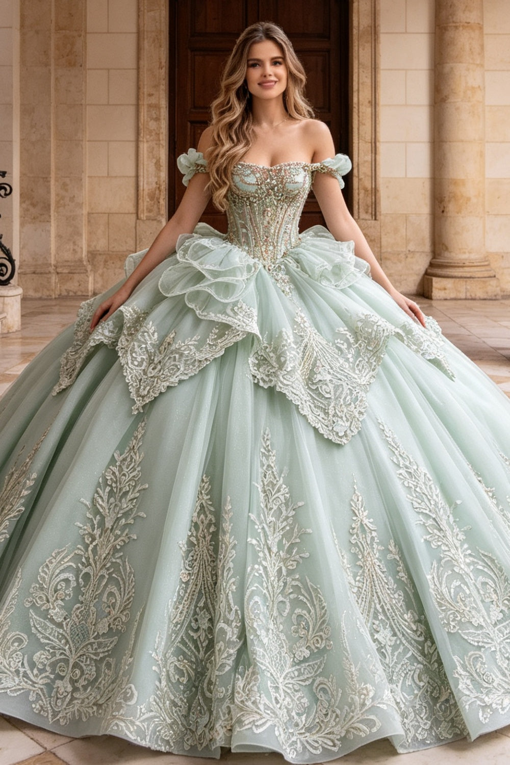 Off Shoulder Sleeveless Beaded Appliques Bow Knot Quinceañera Dress YQ1209