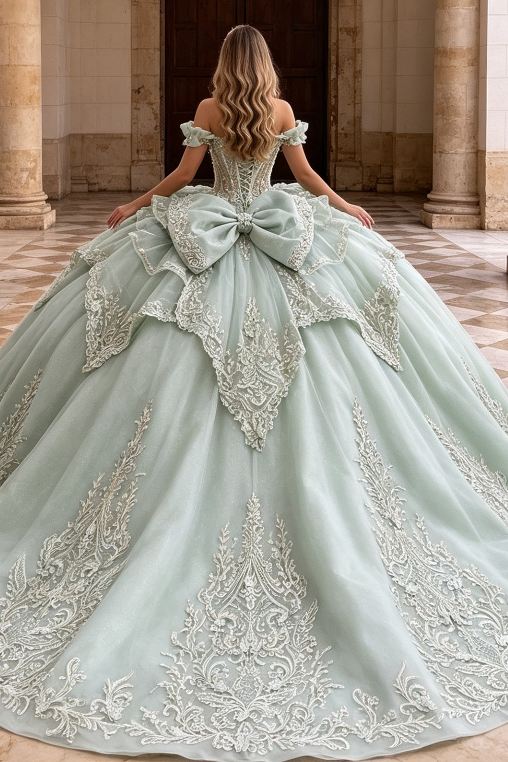 Off Shoulder Sleeveless Beaded Appliques Bow Knot Quinceañera Dress YQ1209