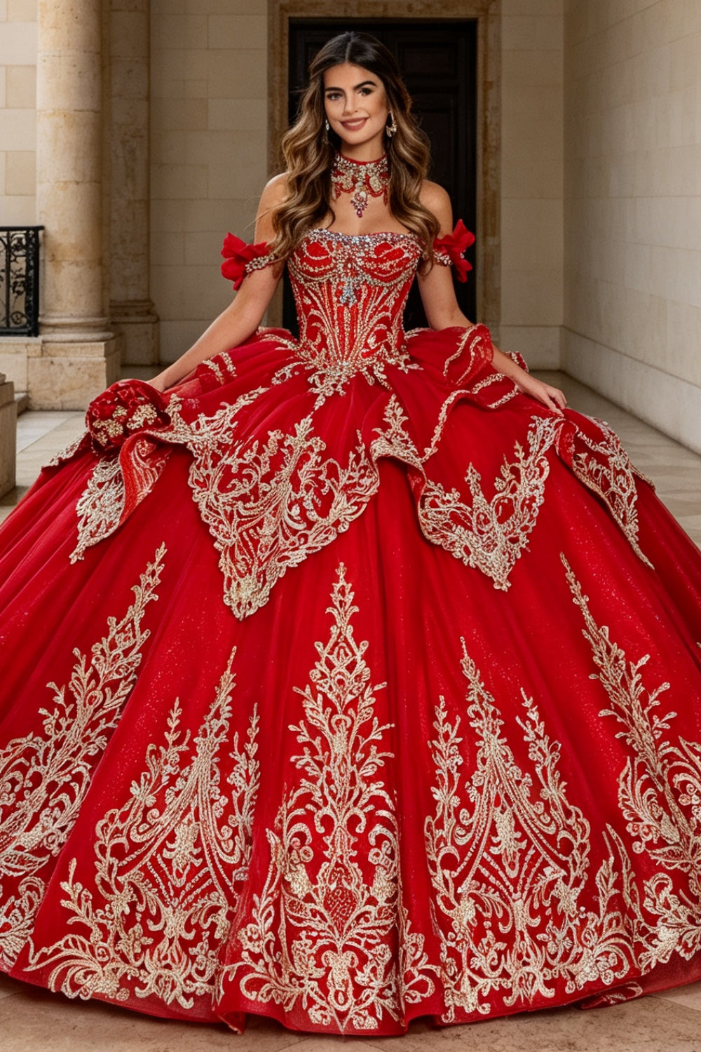 Off Shoulder Sleeveless Beaded Appliques Bow Knot Quinceañera Dress YQ1209