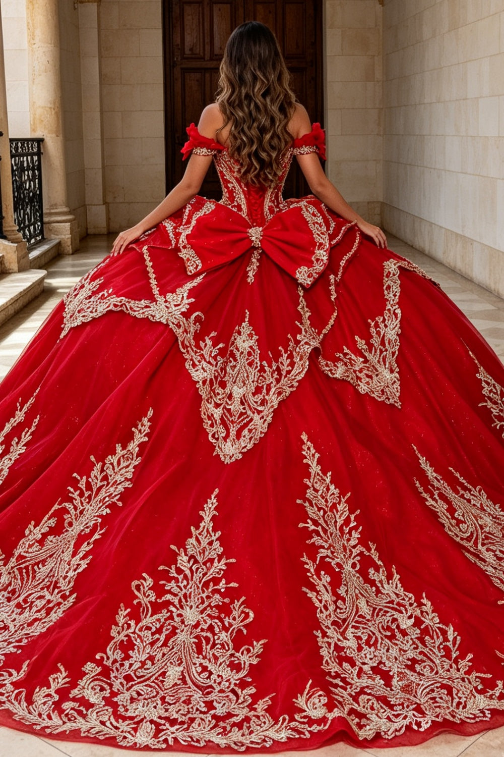 Off Shoulder Sleeveless Beaded Appliques Bow Knot Quinceañera Dress YQ1209