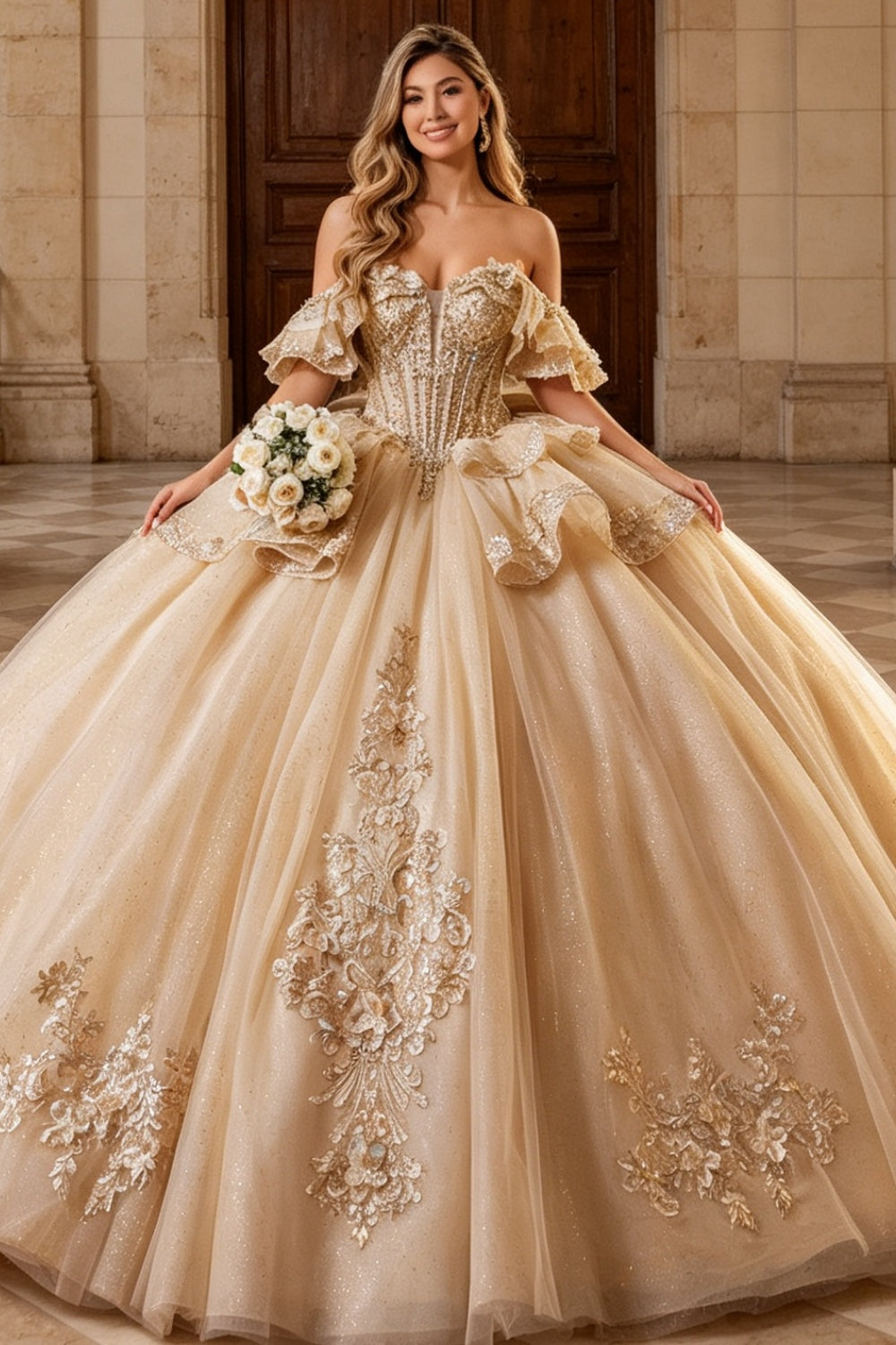 Detachable Off Shoulder Sleeveless Beaded Appliques Ruffles Quinceañera Dress YQ1210