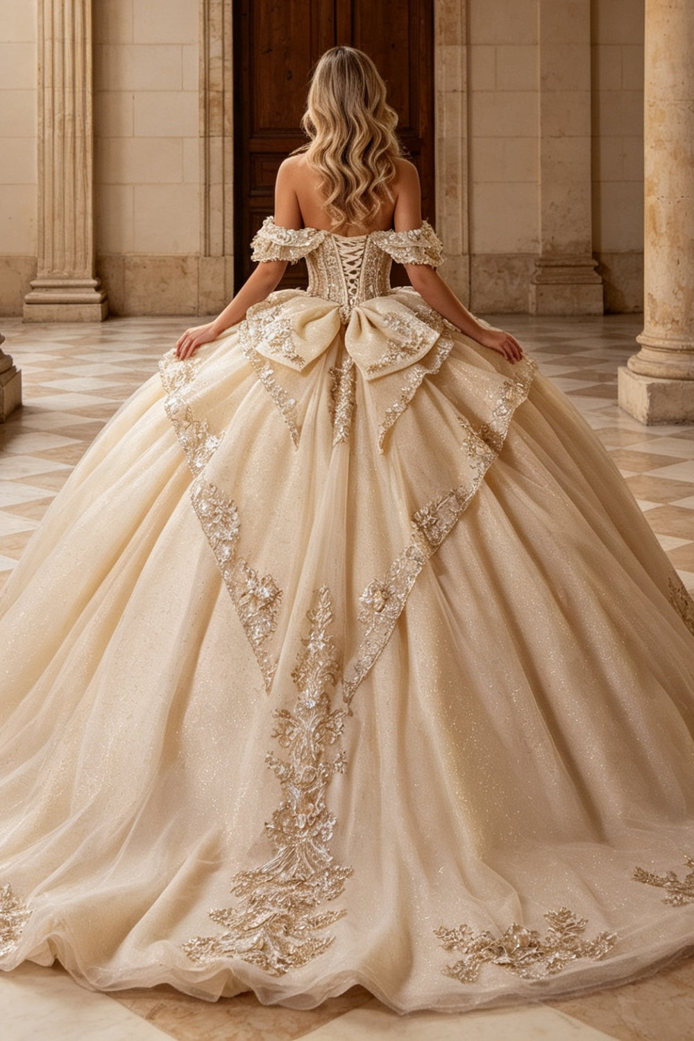 Detachable Off Shoulder Sleeveless Beaded Appliques Ruffles Quinceañera Dress YQ1210