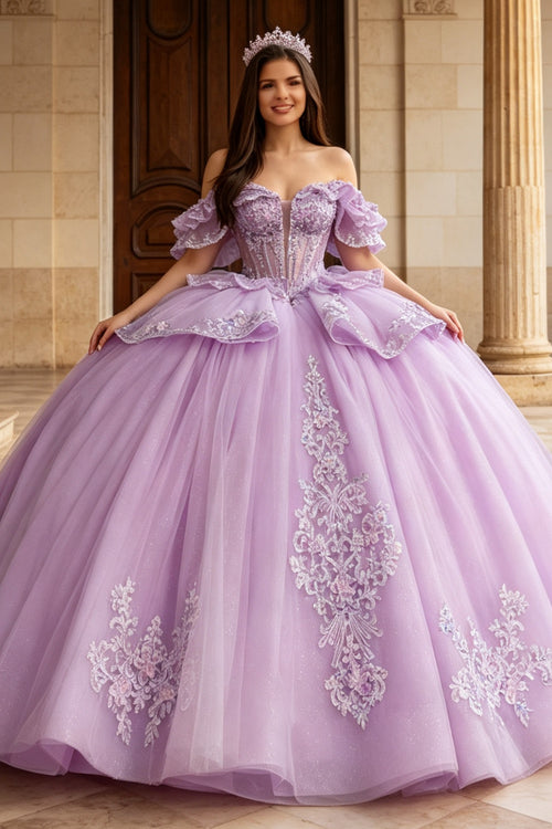 Detachable Off Shoulder Sleeveless Beaded Appliques Ruffles Quinceañera Dress YQ1210
