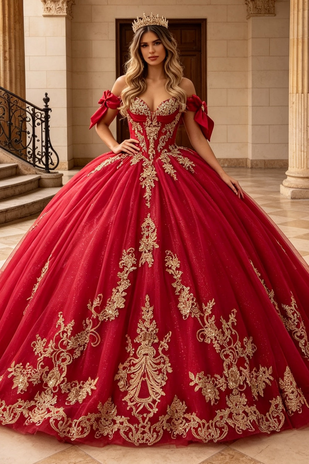 Vestido de Quinceañera Azul Marino con Lentejuelas, Apliques de Cuentas, Brillos y Escote Bardot YQ1055