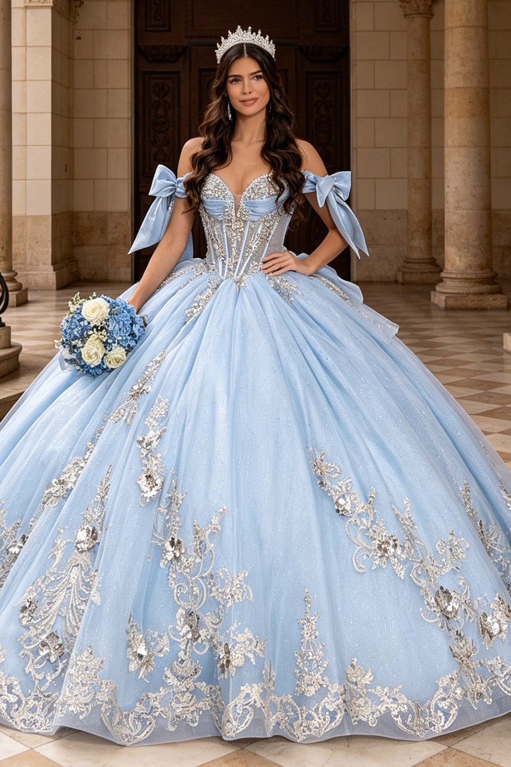 Vestido de Quinceañera Azul Marino con Lentejuelas, Apliques de Cuentas, Brillos y Escote Bardot YQ1055