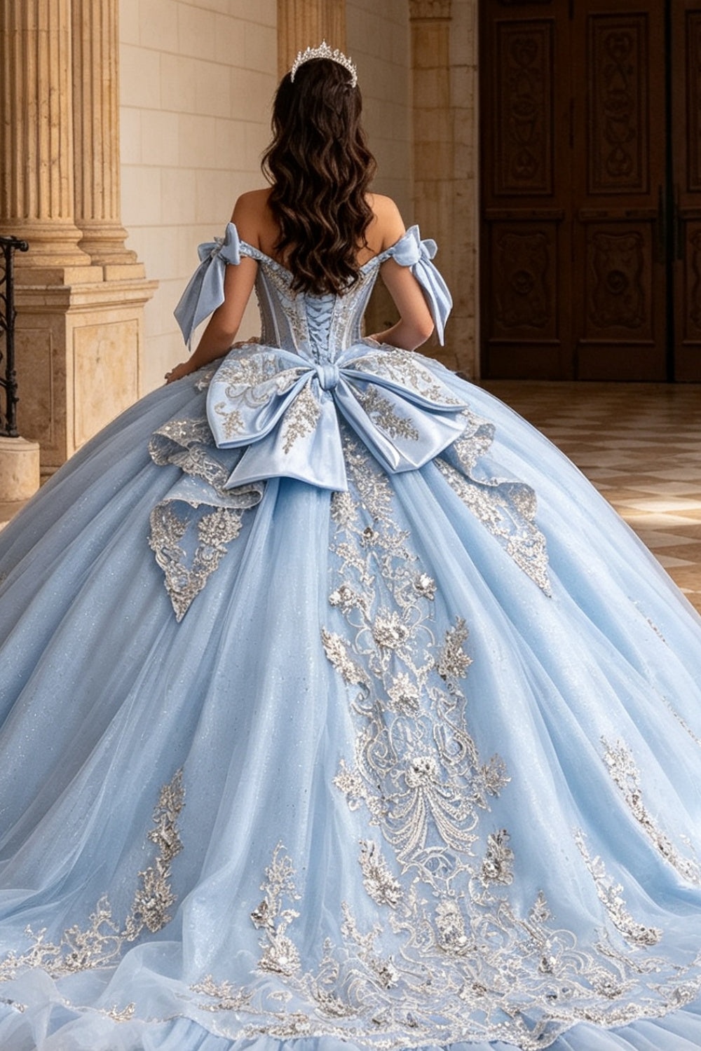 Vestido de Quinceañera Azul Marino con Lentejuelas, Apliques de Cuentas, Brillos y Escote Bardot YQ1055