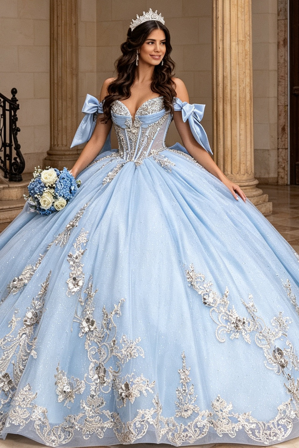 Vestido de Quinceañera Azul Marino con Lentejuelas, Apliques de Cuentas, Brillos y Escote Bardot YQ1055