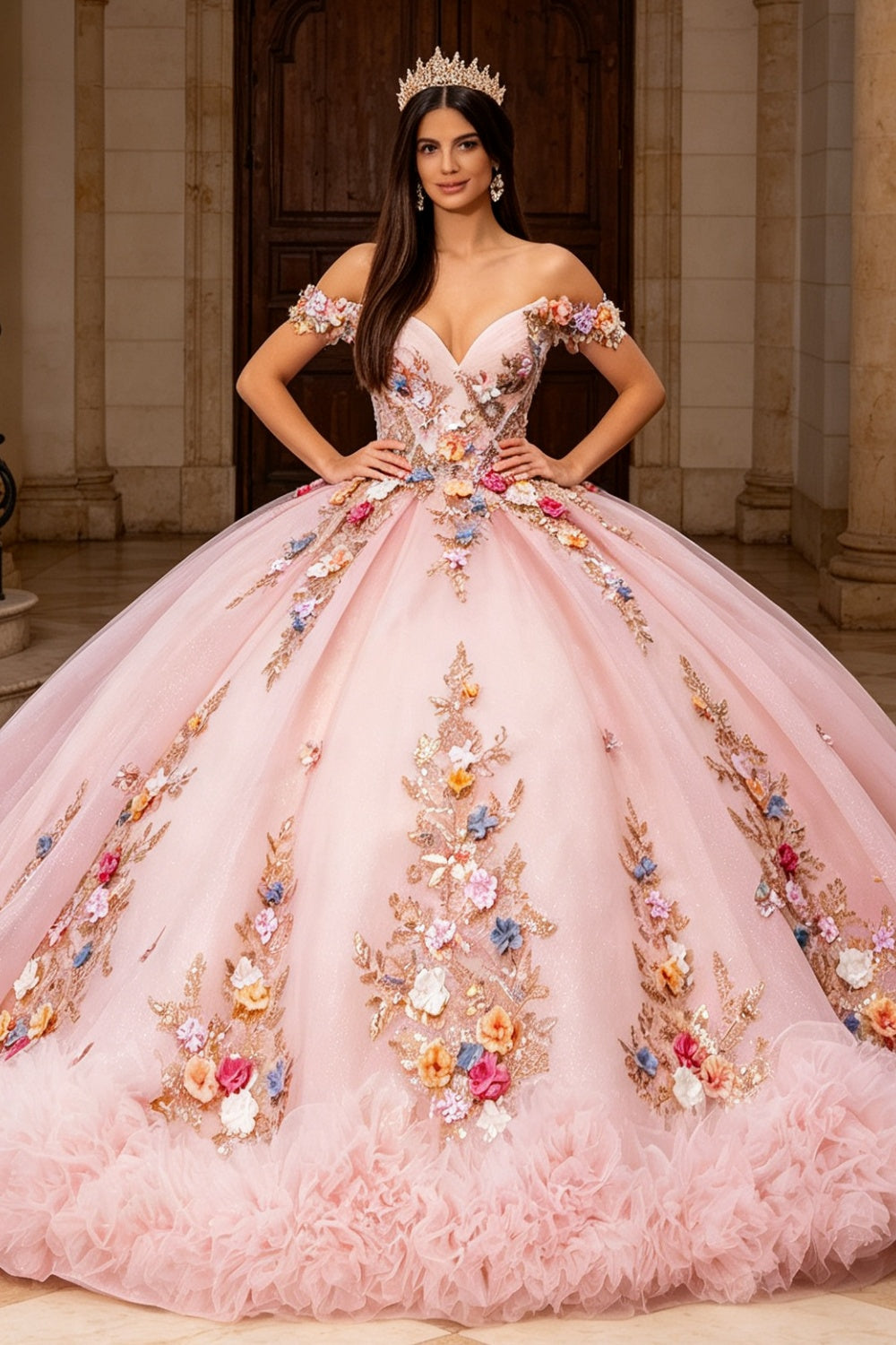 Vestido de Quinceañera Azul Marino con Lentejuelas, Apliques de Cuentas, Brillos y Escote Bardot YQ1055