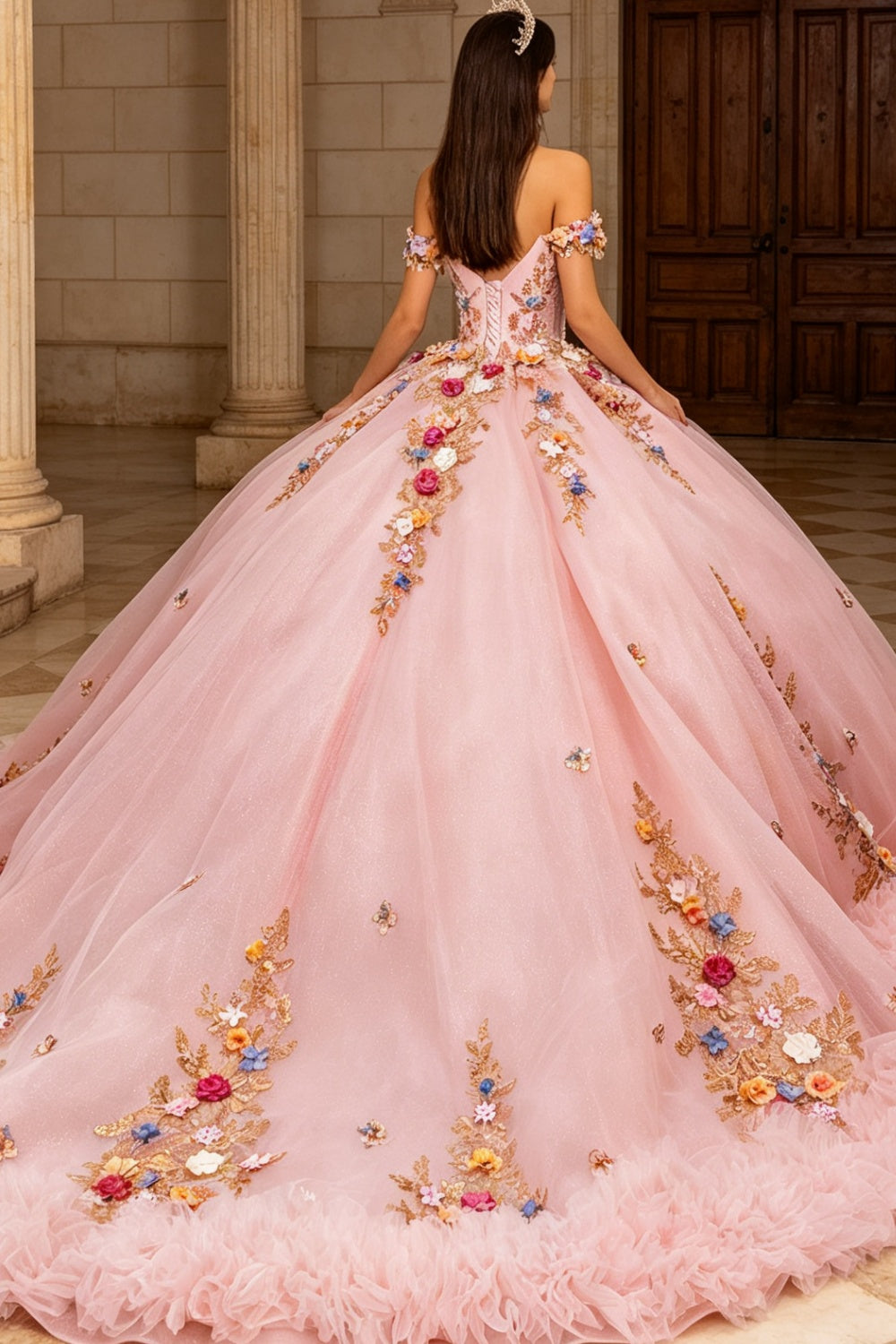 Vestido de Quinceañera Azul Marino con Lentejuelas, Apliques de Cuentas, Brillos y Escote Bardot YQ1055