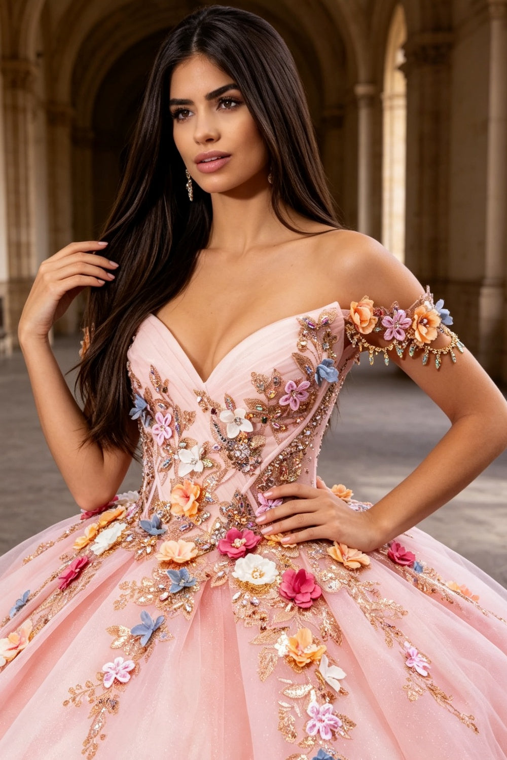 Vestido de Quinceañera Azul Marino con Lentejuelas, Apliques de Cuentas, Brillos y Escote Bardot YQ1055