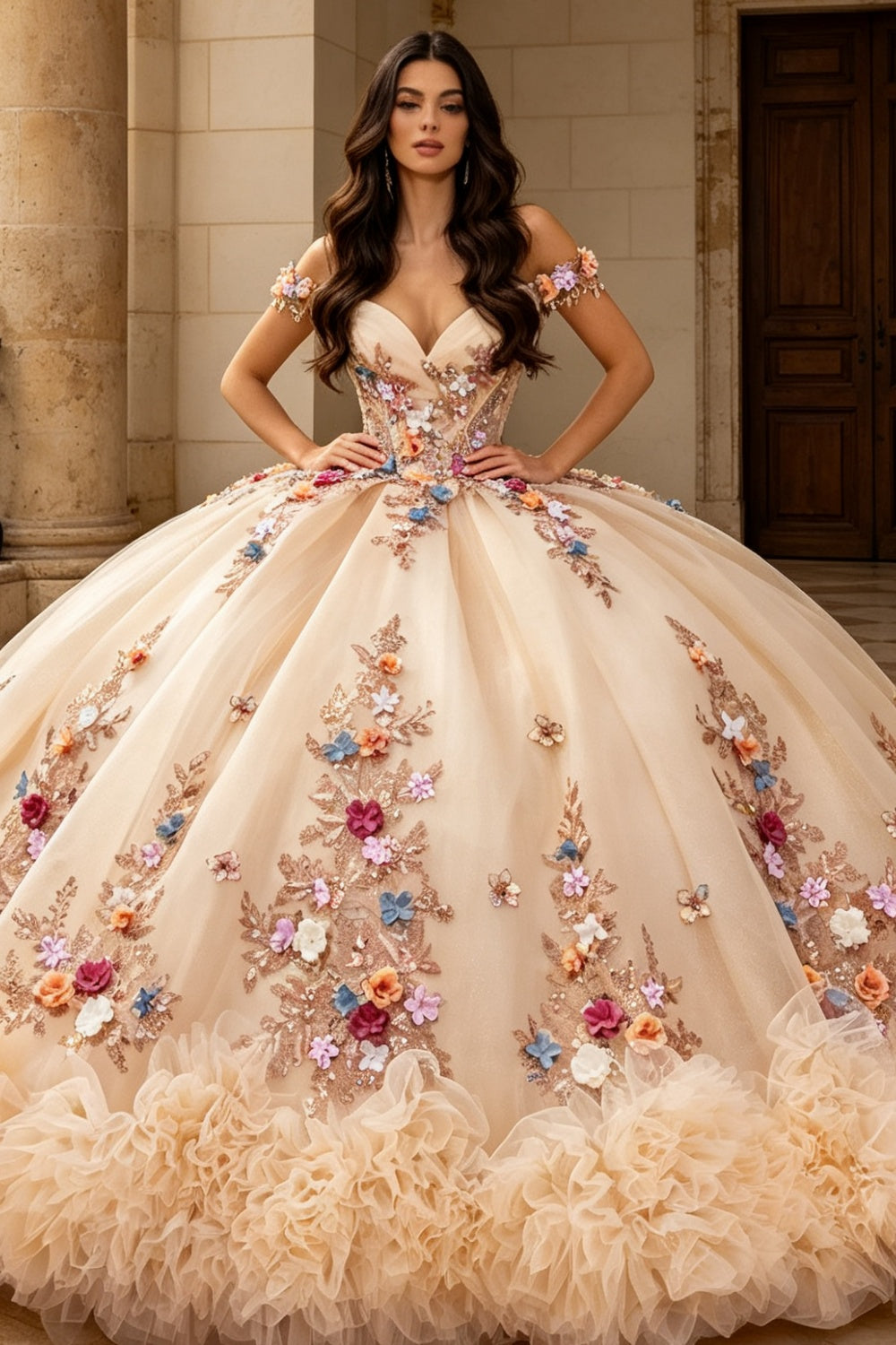 Vestido de Quinceañera Azul Marino con Lentejuelas, Apliques de Cuentas, Brillos y Escote Bardot YQ1055