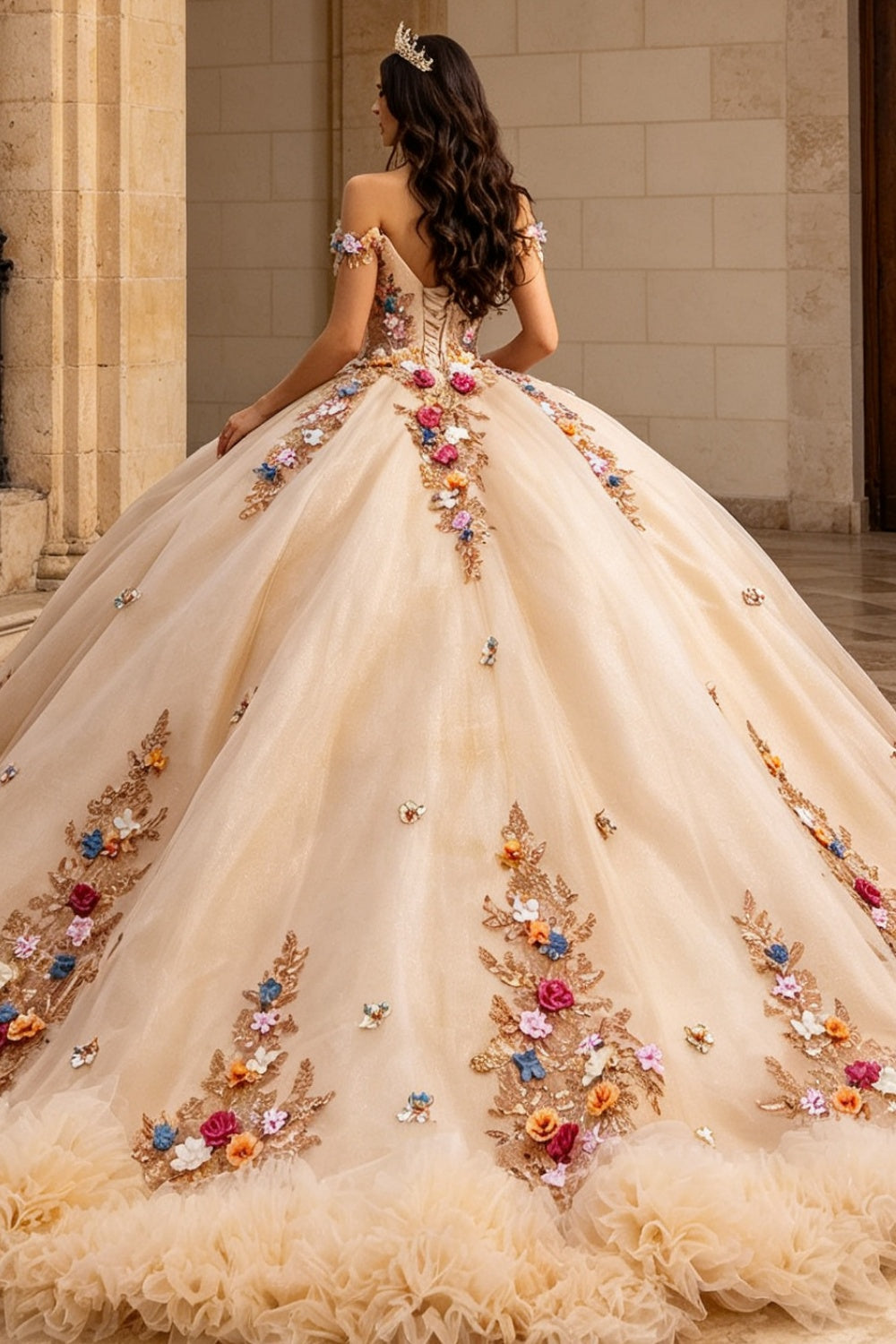Vestido de Quinceañera Azul Marino con Lentejuelas, Apliques de Cuentas, Brillos y Escote Bardot YQ1055