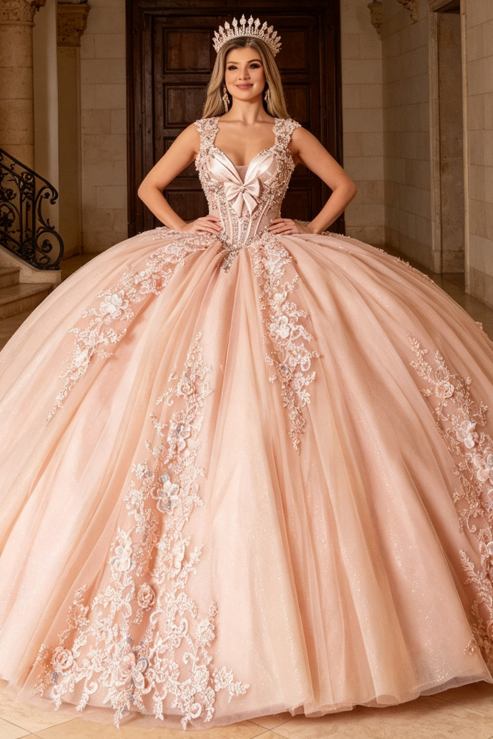Vestido de Quinceañera Azul Marino con Lentejuelas, Apliques de Cuentas, Brillos y Escote Bardot YQ1055