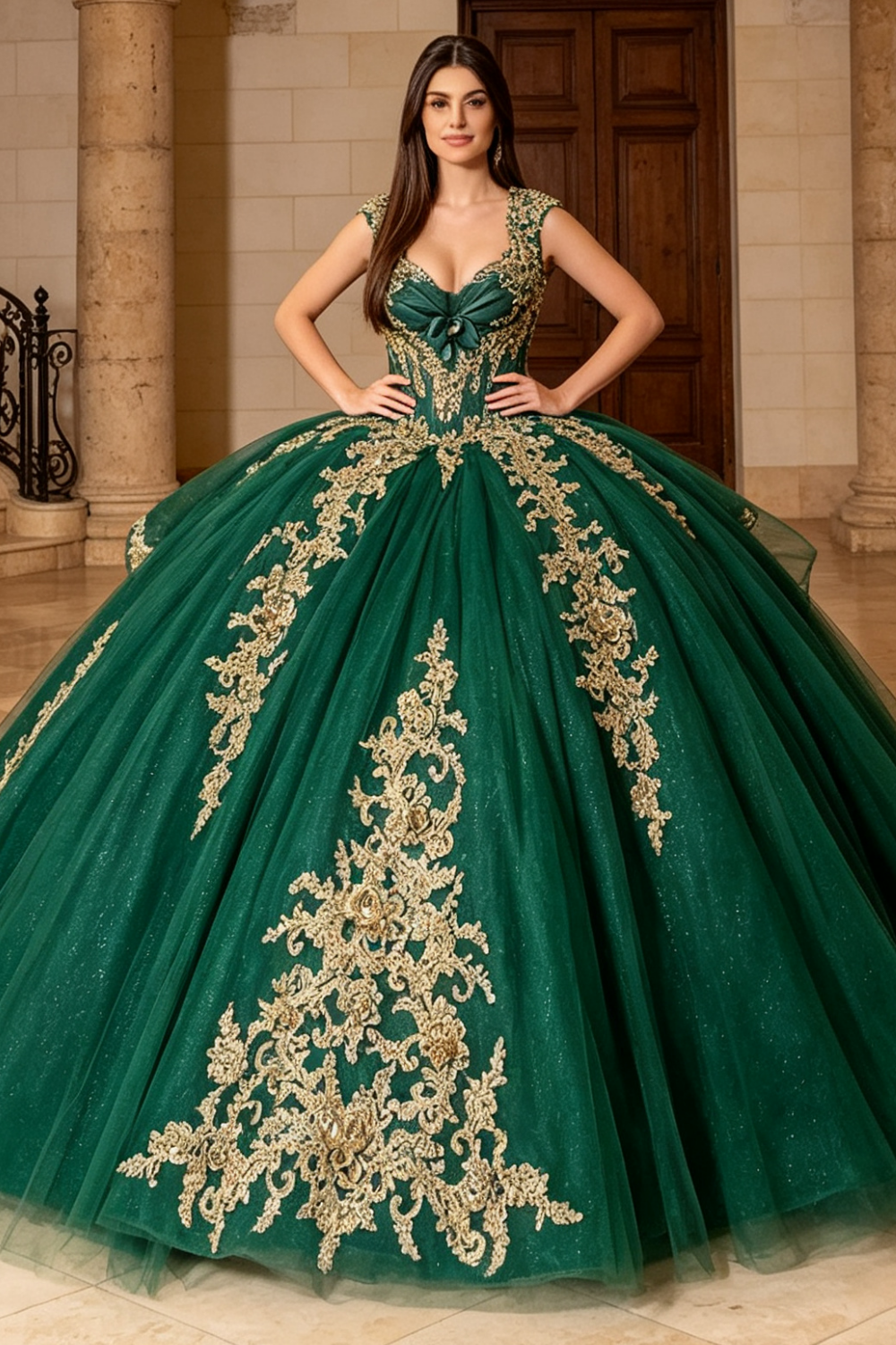 Vestido de Quinceañera Azul Marino con Lentejuelas, Apliques de Cuentas, Brillos y Escote Bardot YQ1055