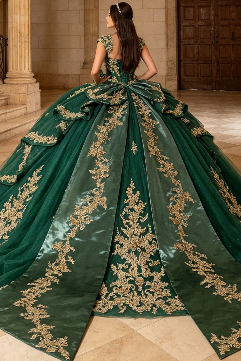 Vestido de Quinceañera Azul Marino con Lentejuelas, Apliques de Cuentas, Brillos y Escote Bardot YQ1055
