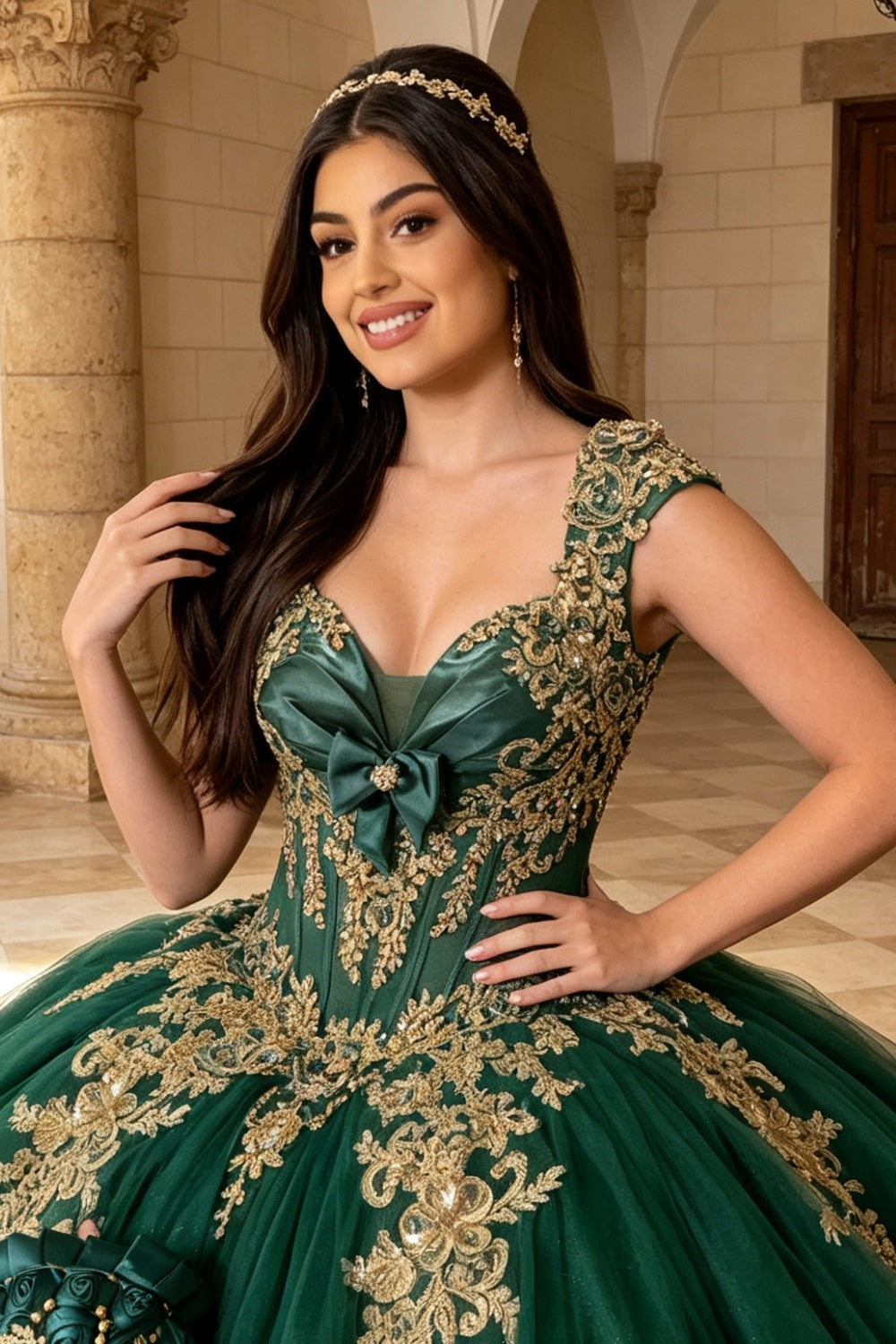 Vestido de Quinceañera Azul Marino con Lentejuelas, Apliques de Cuentas, Brillos y Escote Bardot YQ1055