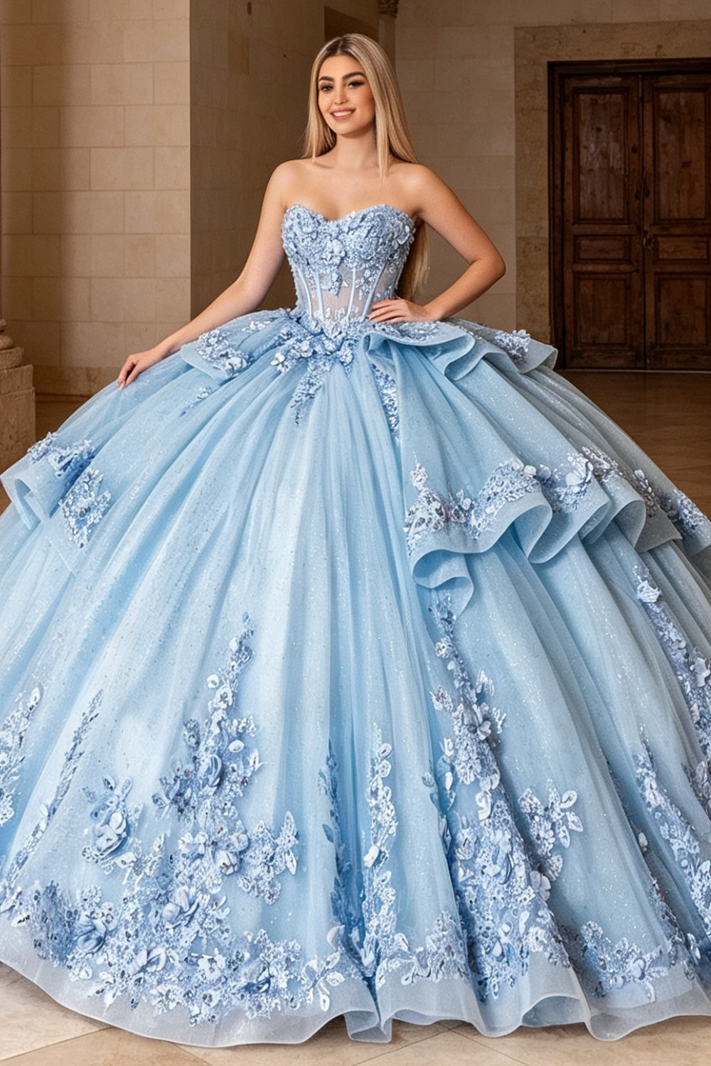 Vestido de Quinceañera Azul Marino con Lentejuelas, Apliques de Cuentas, Brillos y Escote Bardot YQ1055