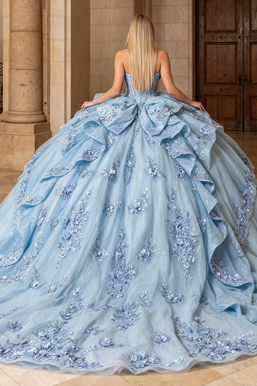Vestido de Quinceañera Azul Marino con Lentejuelas, Apliques de Cuentas, Brillos y Escote Bardot YQ1055
