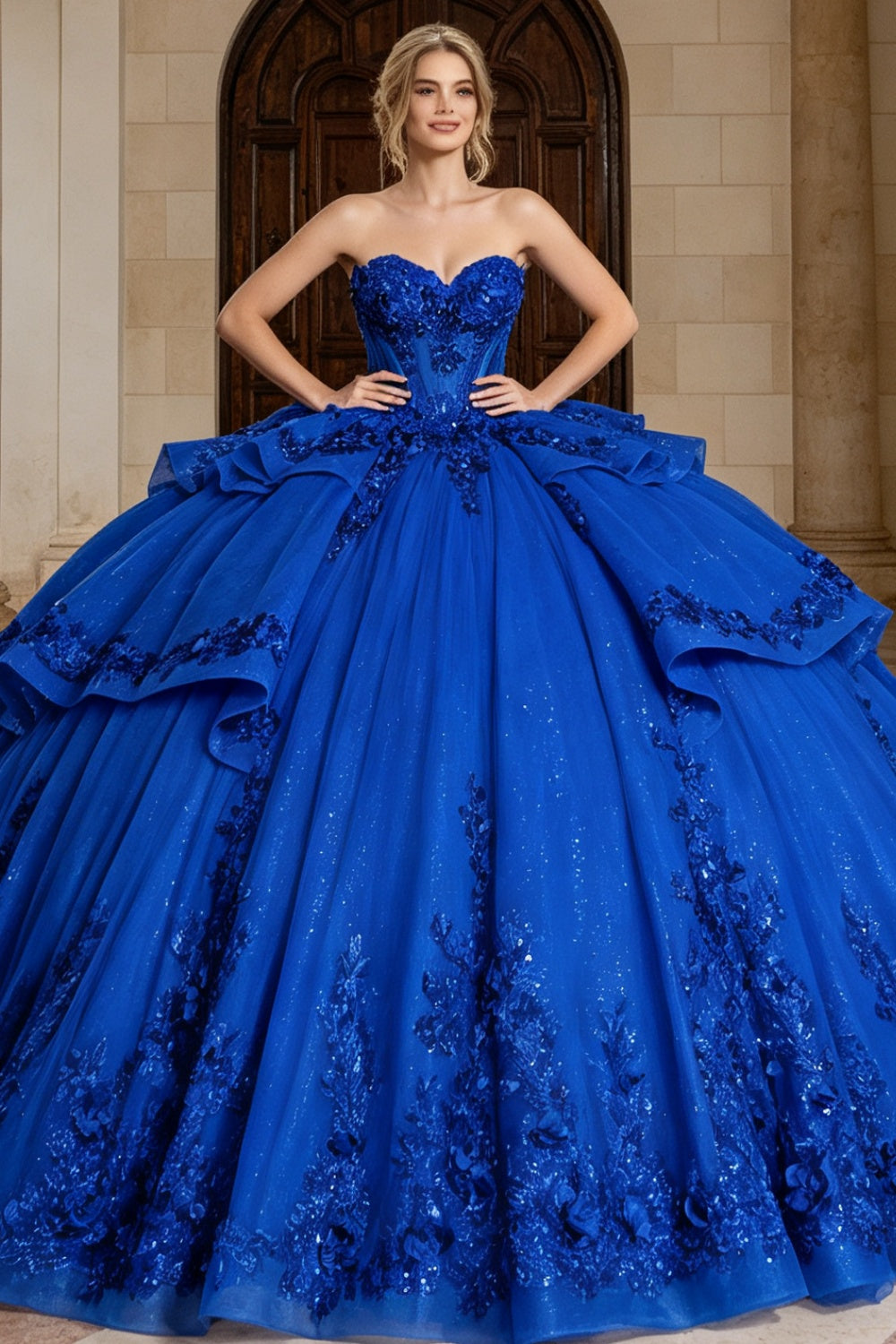 Vestido de Quinceañera Azul Marino con Lentejuelas, Apliques de Cuentas, Brillos y Escote Bardot YQ1055