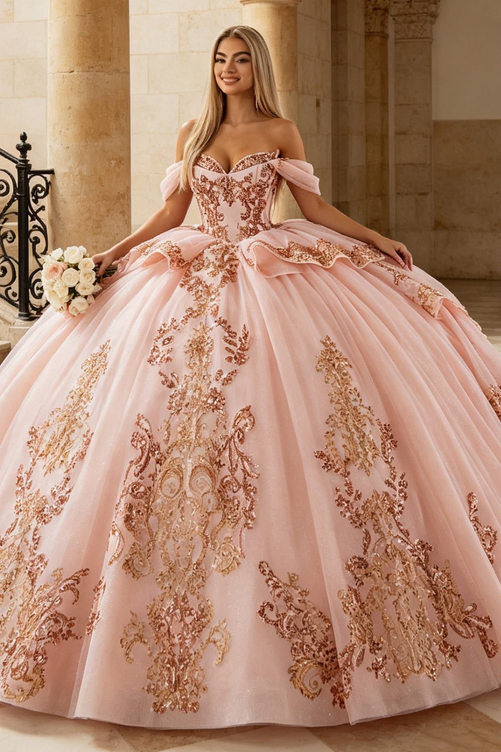 Vestido de Quinceañera Azul Marino con Lentejuelas, Apliques de Cuentas, Brillos y Escote Bardot YQ1055