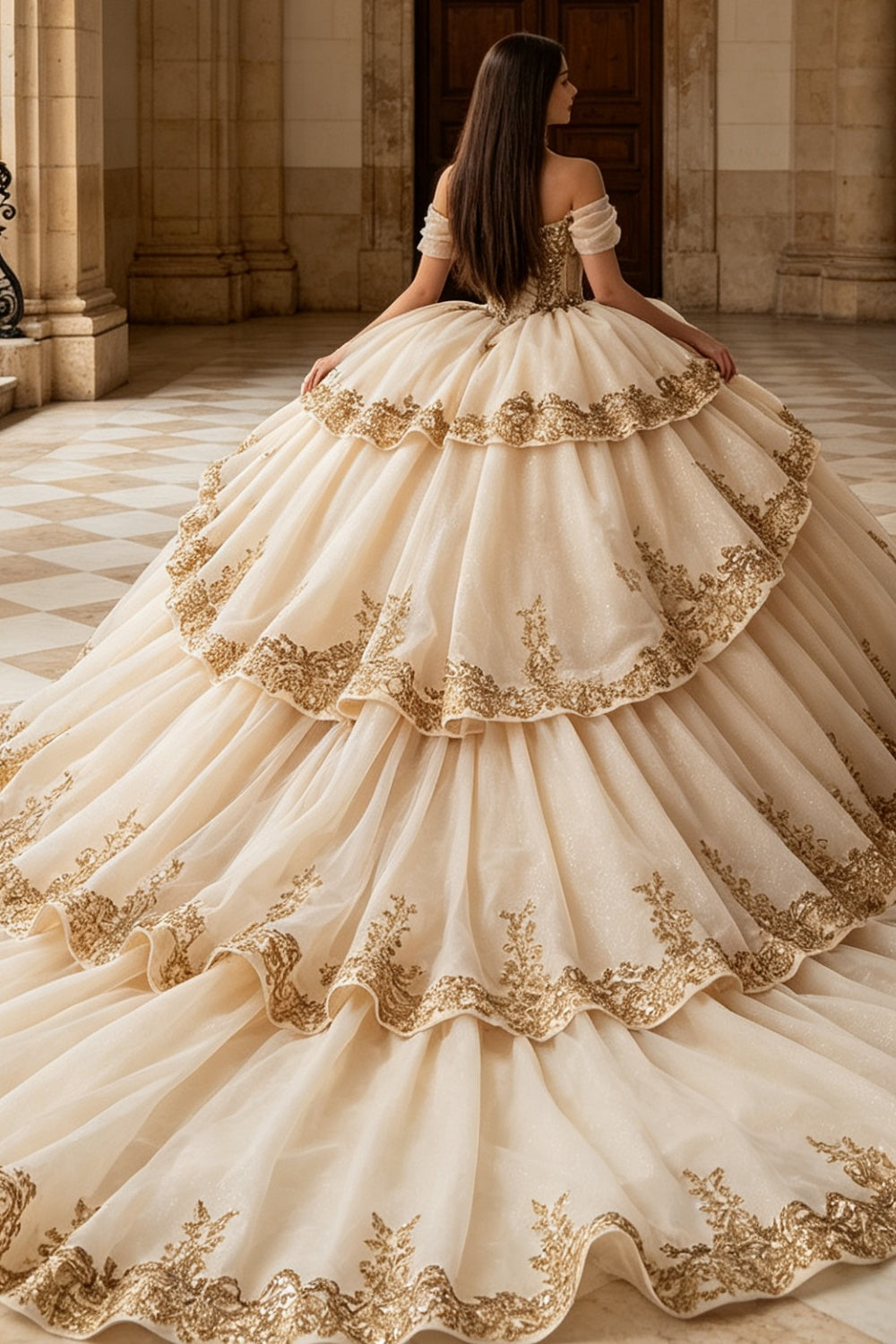 Vestido de Quinceañera Azul Marino con Lentejuelas, Apliques de Cuentas, Brillos y Escote Bardot YQ1055