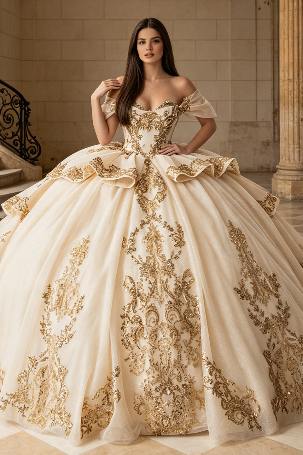 Vestido de Quinceañera Azul Marino con Lentejuelas, Apliques de Cuentas, Brillos y Escote Bardot YQ1055
